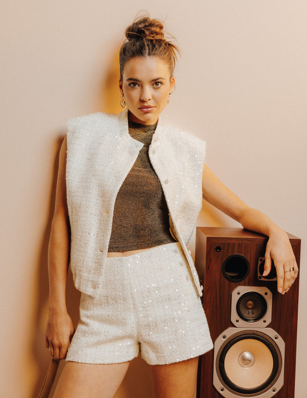 Veste tweed sans manches effet brillant - 1
